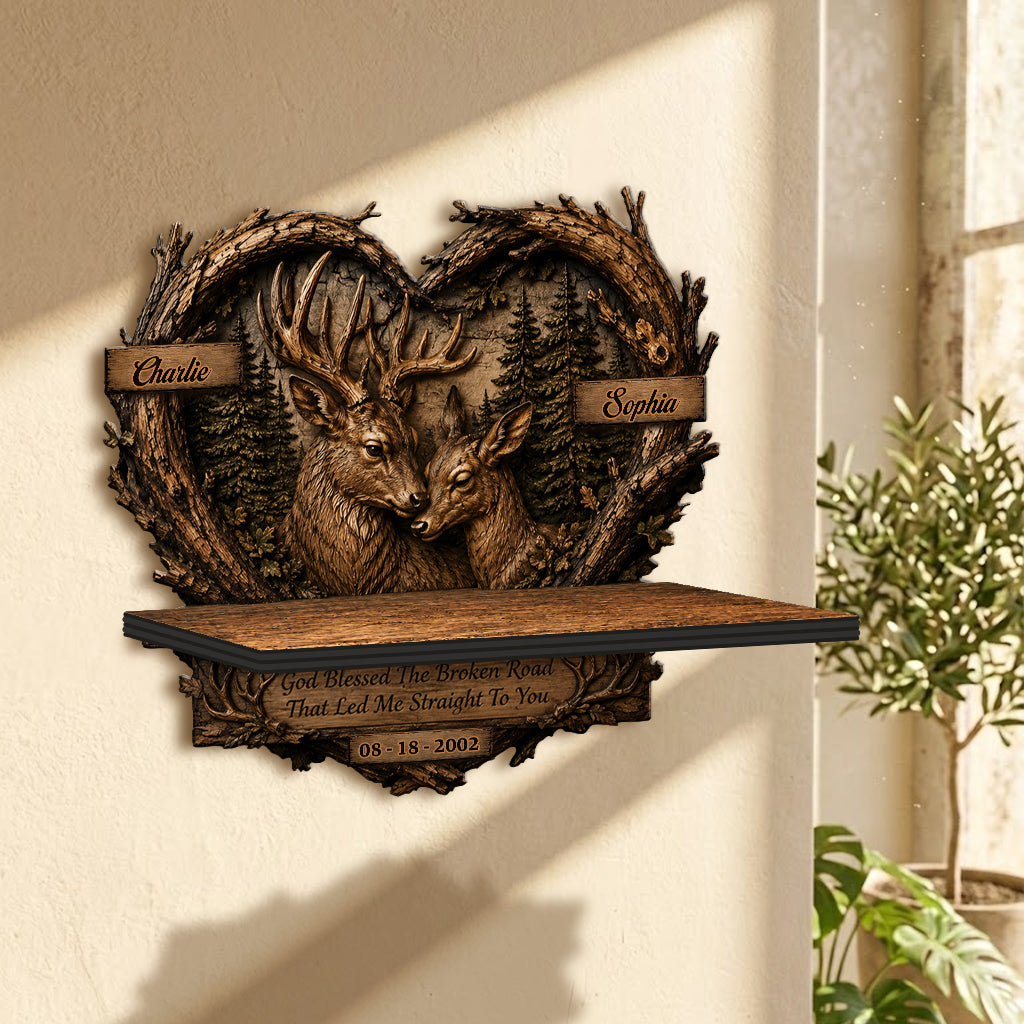 God Blessed The Broken Road - Personalized Hunting Wooden Floating Shelf