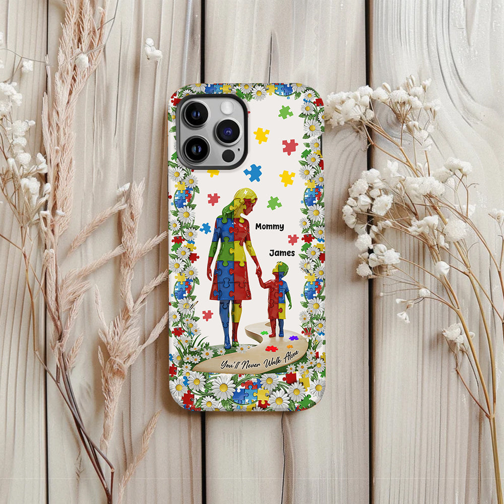 Du wirst niemals allein gehen – Personalisierte Handyhülle mit vollflächigem Aufdruck zum Thema Autismus