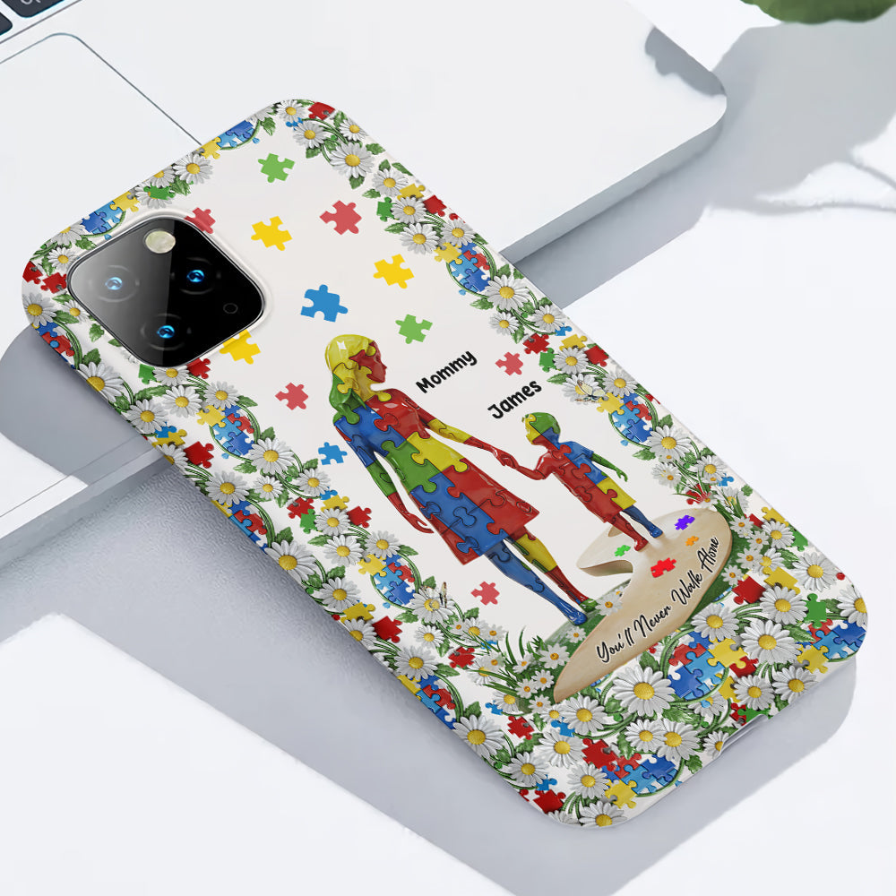 Du wirst niemals allein gehen – Personalisierte Handyhülle mit vollflächigem Aufdruck zum Thema Autismus