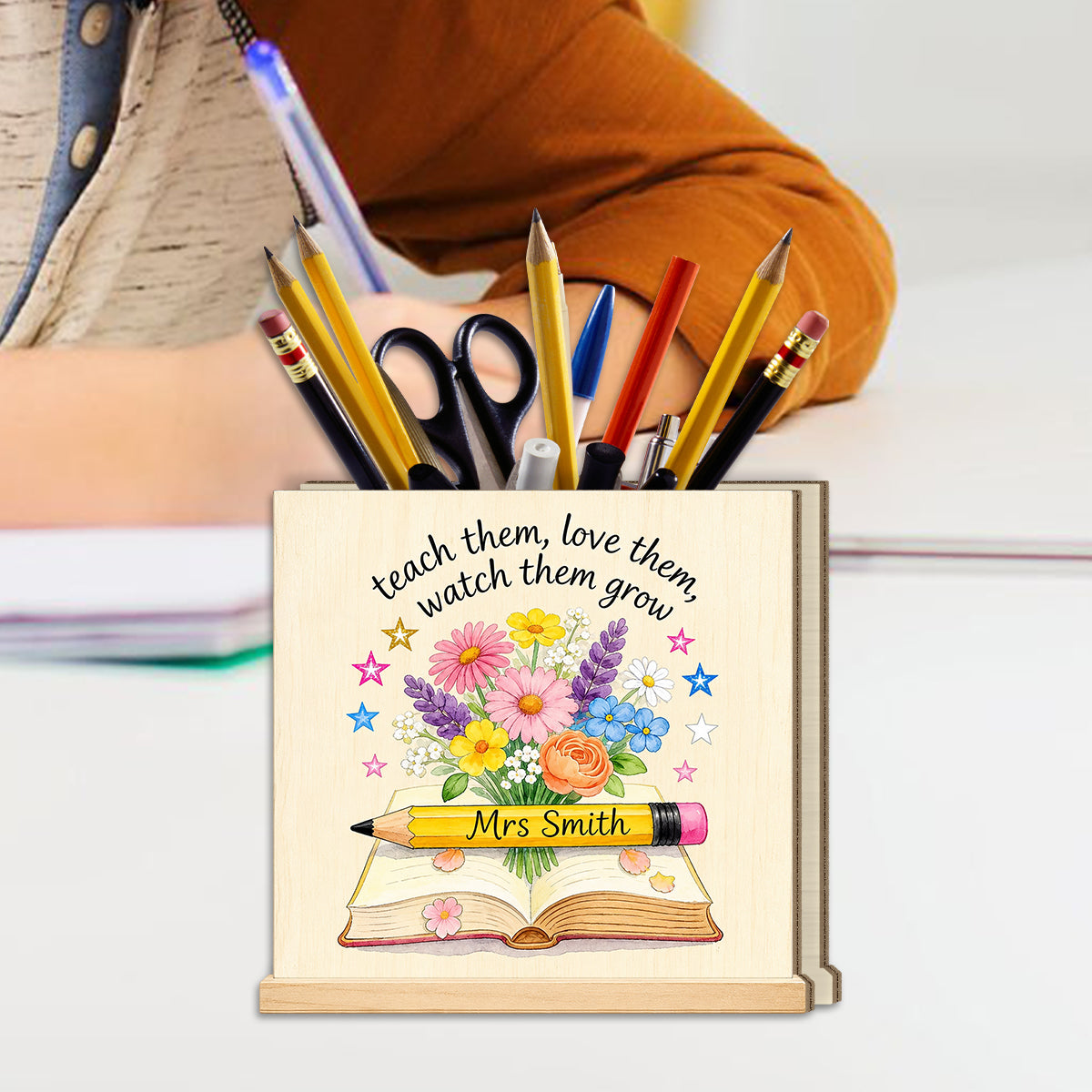 Teacher Gifts Boho Kraft - Personalized Teacher Wooden Desk Organizer