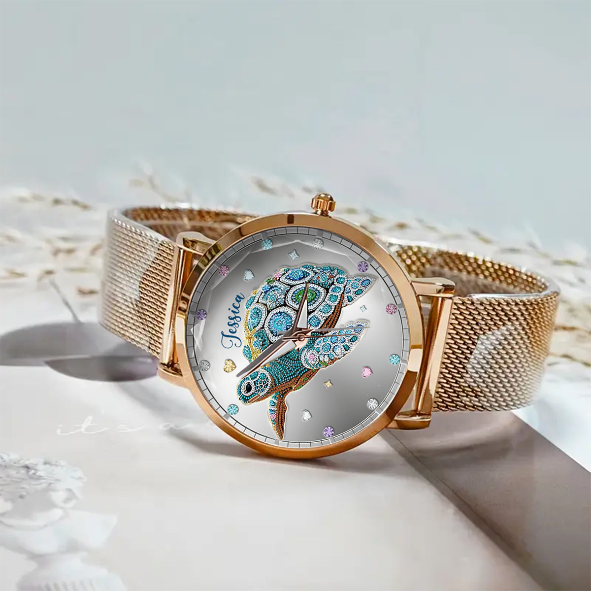 Wunderschöne Schildkröte – personalisierte Damen-Handuhr mit Schildkrötenmotiv 