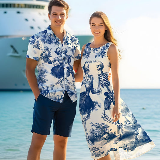 Bis dass der Tod uns scheidet, Aloha Skeleton – Personalisiertes Hawaiihemd und ärmelloses Kleid für Paare