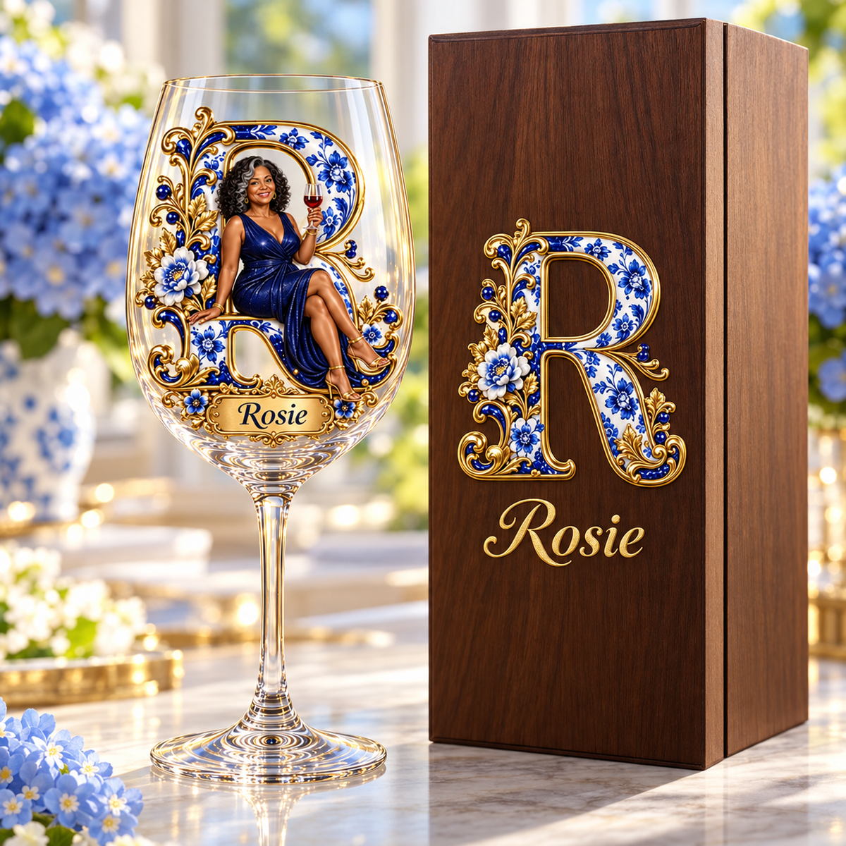 Personalized Custom Photo Blue Floral Wine Glass - Gift for Older Women