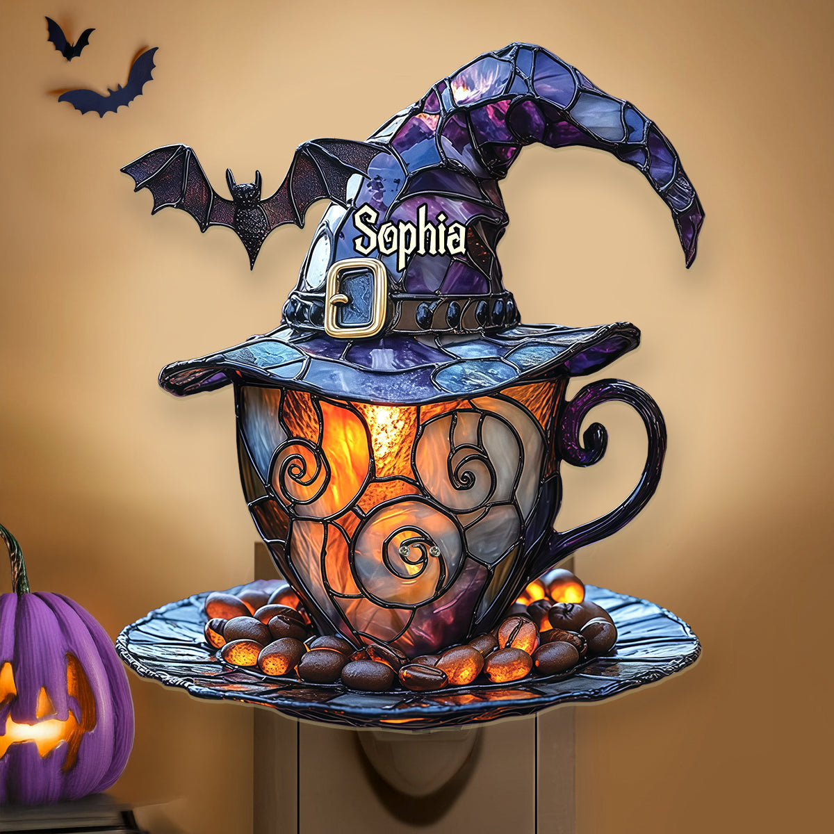 Hexenhut und Kaffeetasse – Personalisierte Hexen-Nachtleuchte aus Acryl zum Einstecken