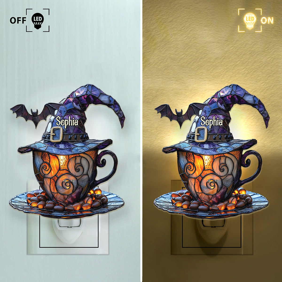 Hexenhut und Kaffeetasse – Personalisierte Hexen-Nachtleuchte aus Acryl zum Einstecken