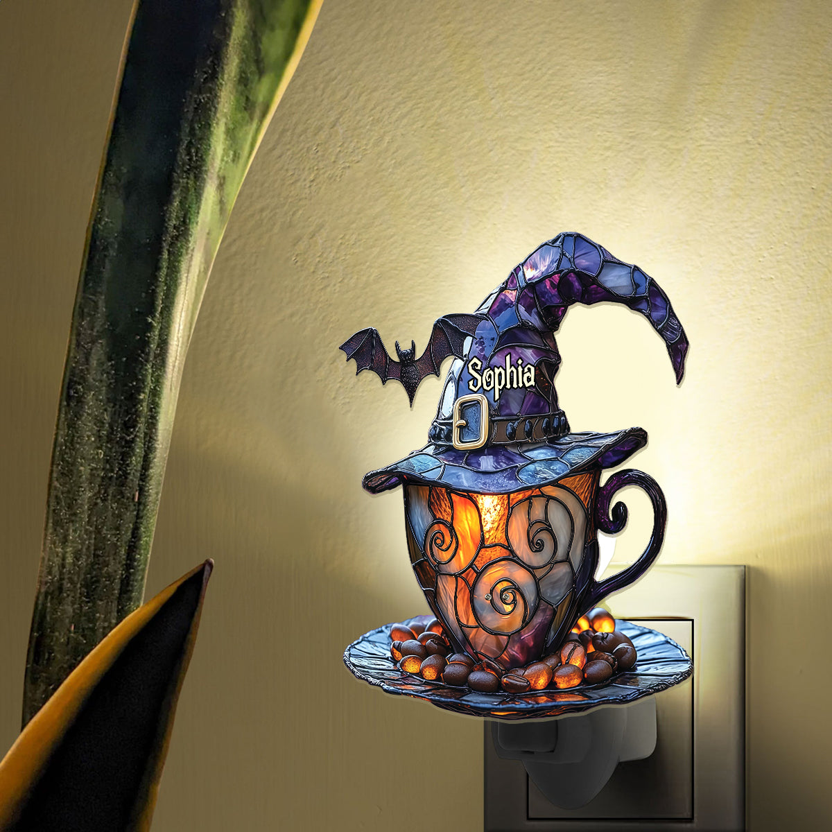 Hexenhut und Kaffeetasse – Personalisierte Hexen-Nachtleuchte aus Acryl zum Einstecken