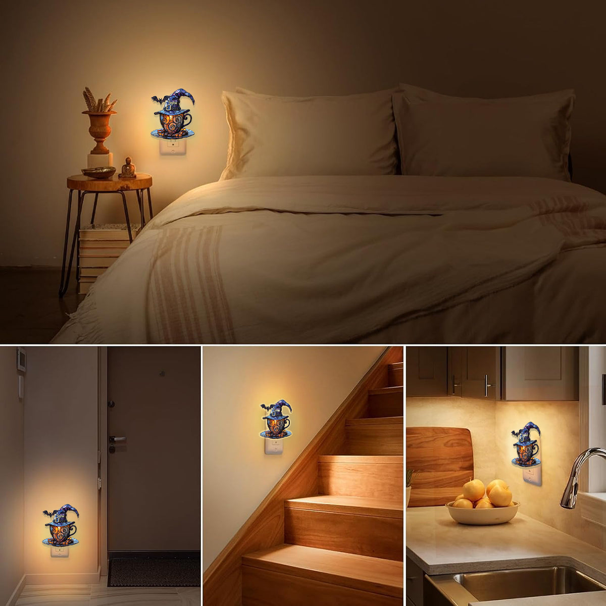 Hexenhut und Kaffeetasse – Personalisierte Hexen-Nachtleuchte aus Acryl zum Einstecken