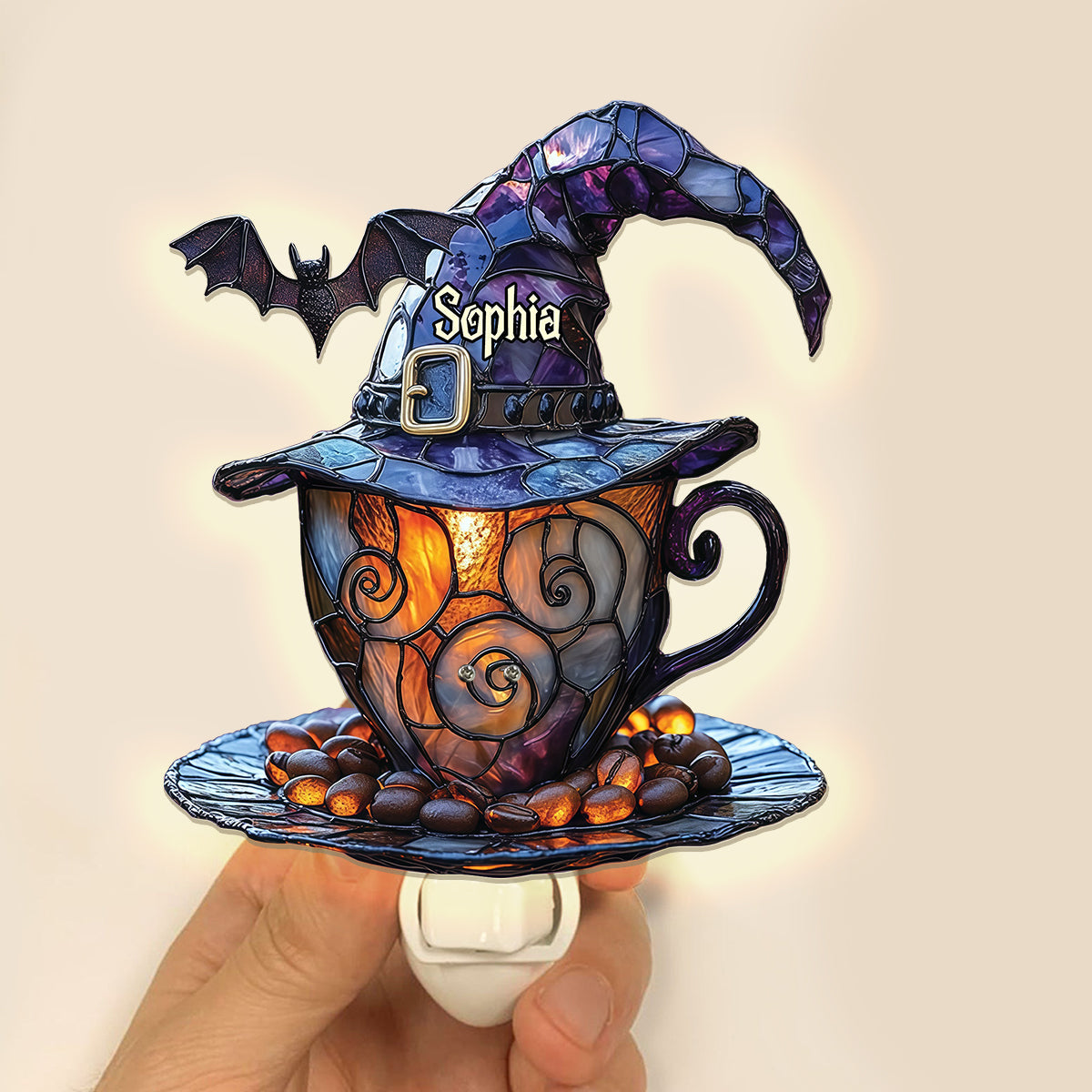 Hexenhut und Kaffeetasse – Personalisierte Hexen-Nachtleuchte aus Acryl zum Einstecken