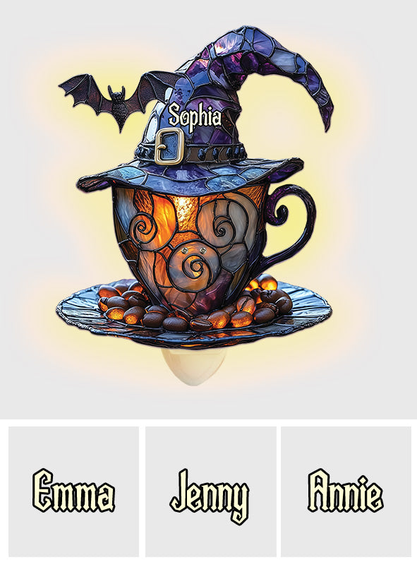Hexenhut und Kaffeetasse – Personalisierte Hexen-Nachtleuchte aus Acryl zum Einstecken