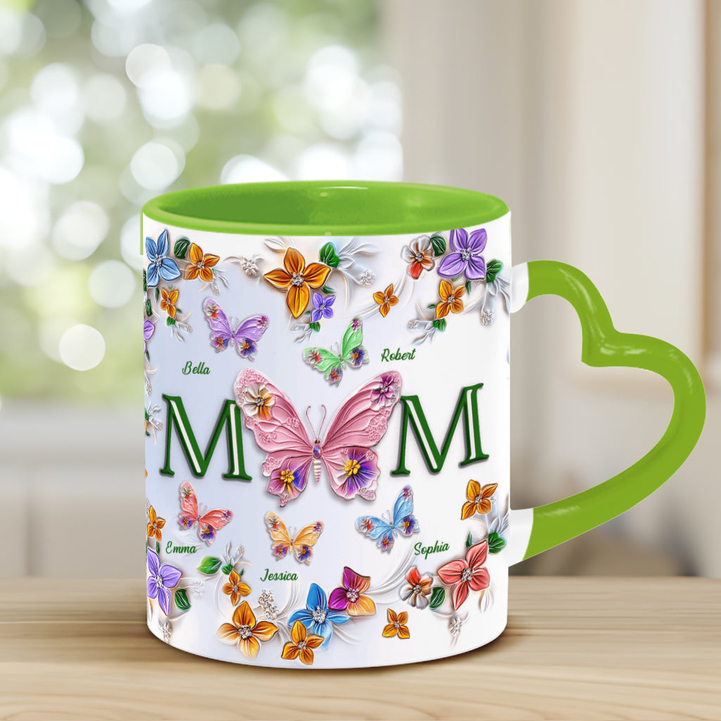 Bunte Schmetterlinge Mama Mama - Personalisierte Mutter-Herzgriff-Tasse