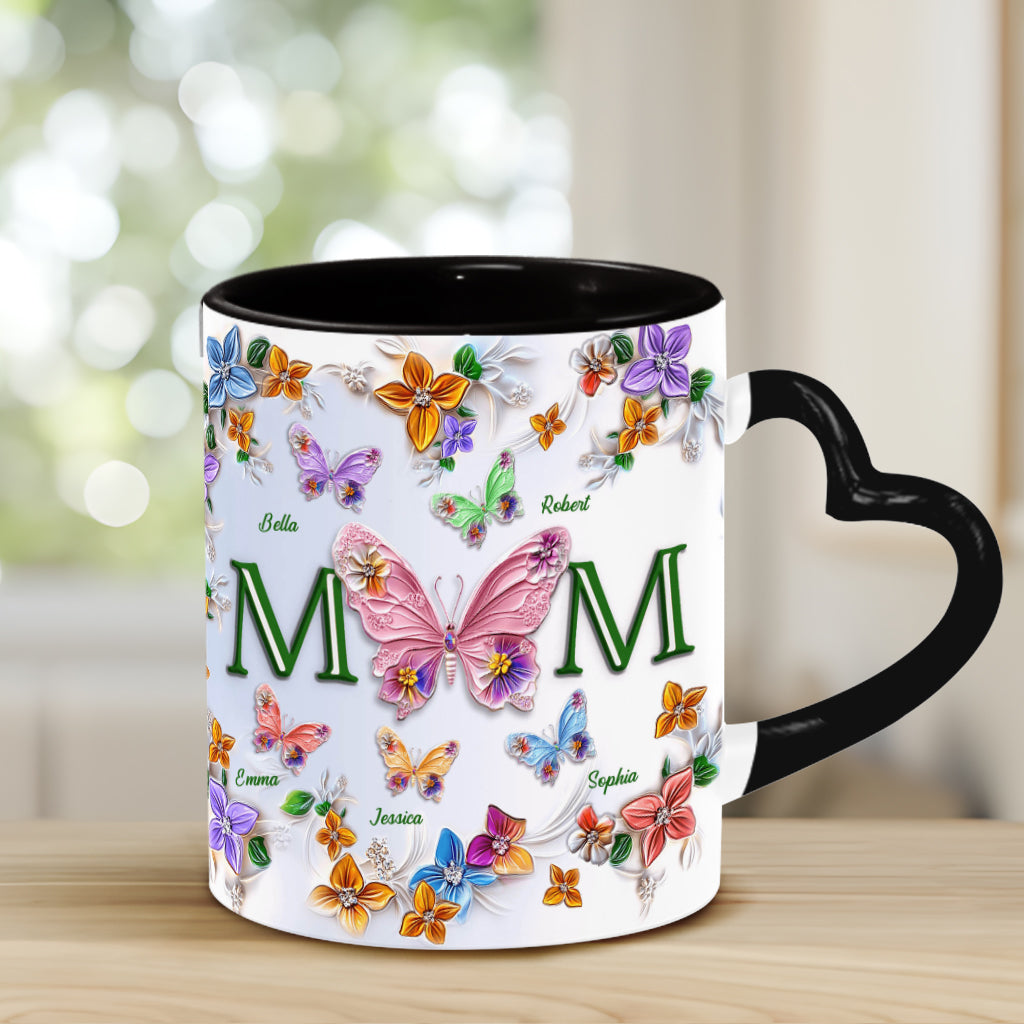 Bunte Schmetterlinge Mama Mama - Personalisierte Mutter-Herzgriff-Tasse