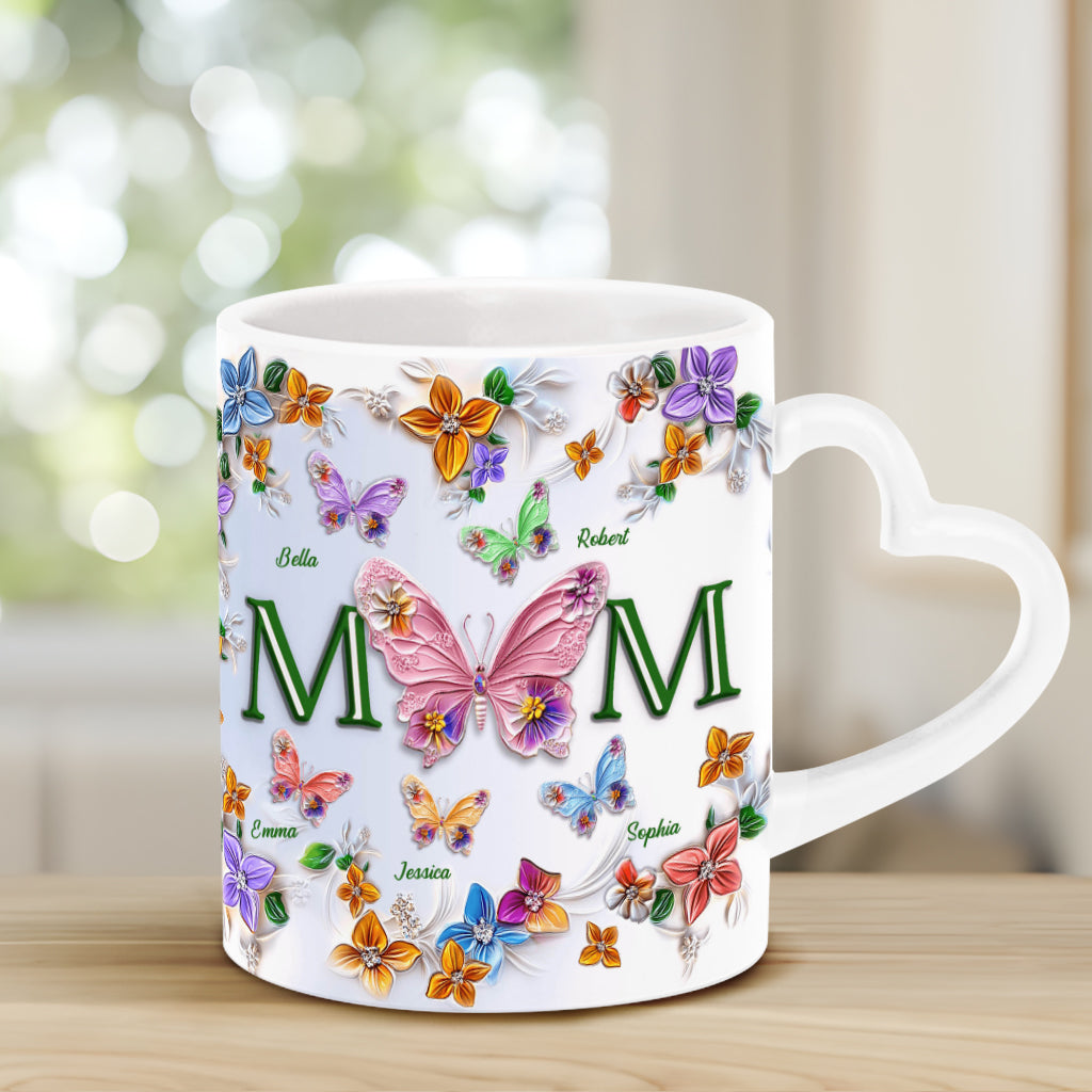 Bunte Schmetterlinge Mama Mama - Personalisierte Mutter-Herzgriff-Tasse
