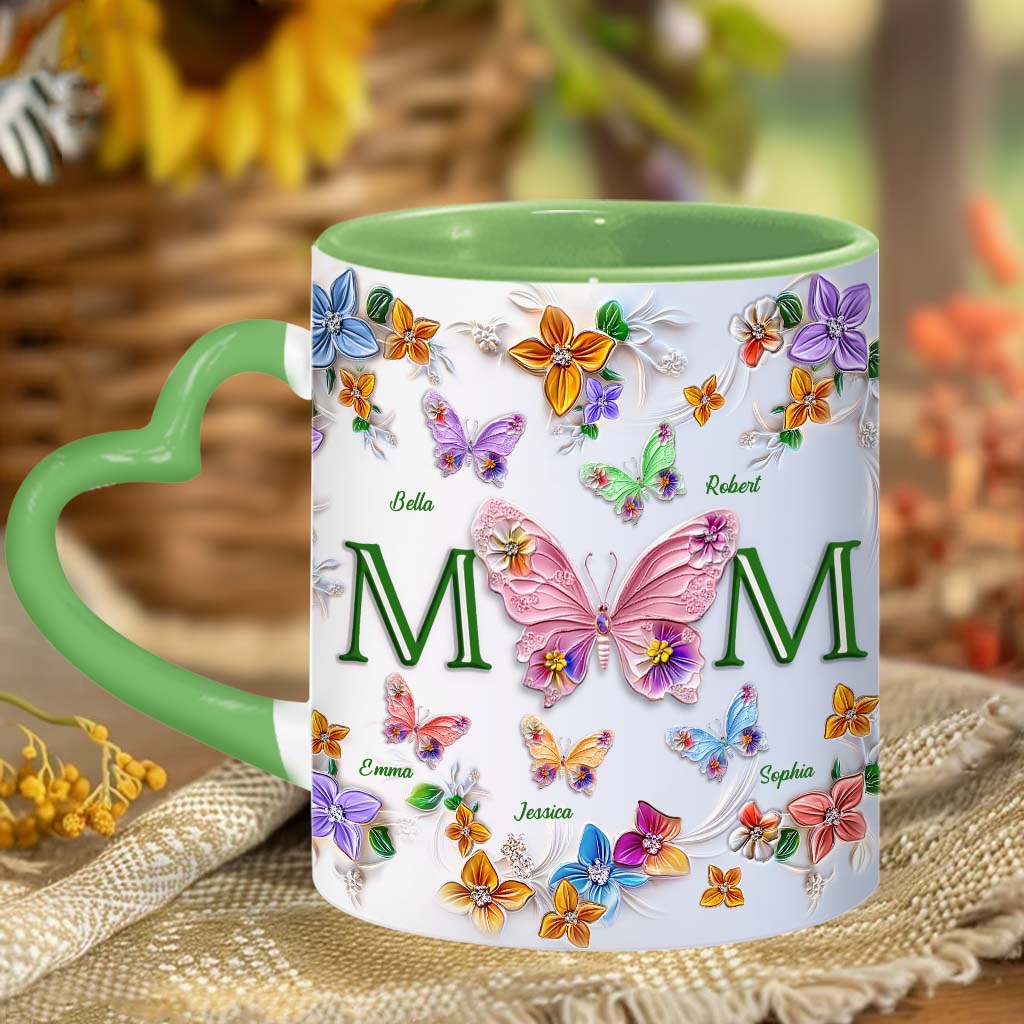 Bunte Schmetterlinge Mama Mama - Personalisierte Mutter-Herzgriff-Tasse