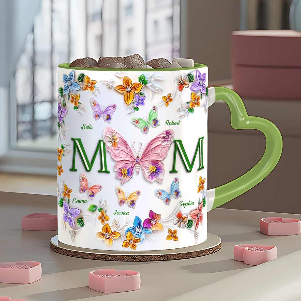 Bunte Schmetterlinge Mama Mama - Personalisierte Mutter-Herzgriff-Tasse