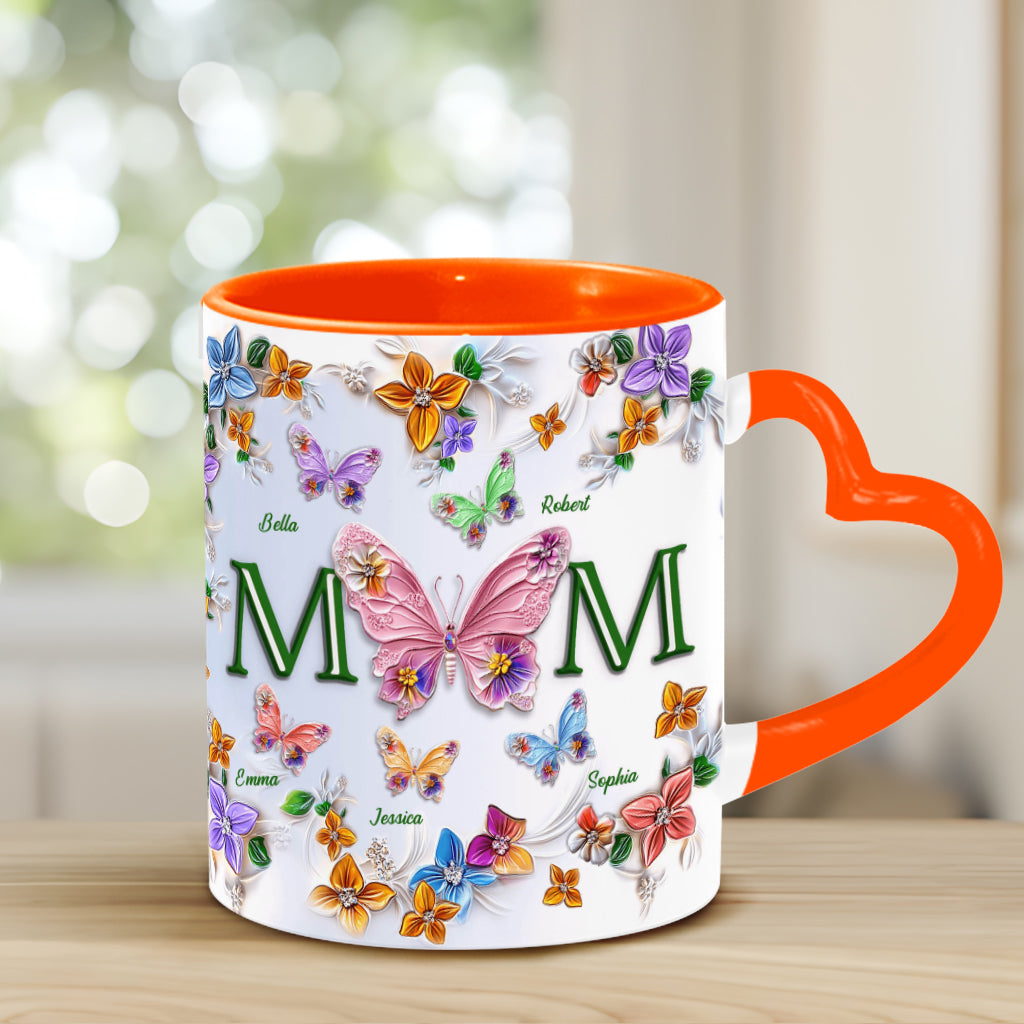 Bunte Schmetterlinge Mama Mama - Personalisierte Mutter-Herzgriff-Tasse