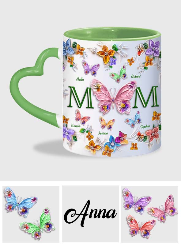 Bunte Schmetterlinge Mama Mama - Personalisierte Mutter-Herzgriff-Tasse