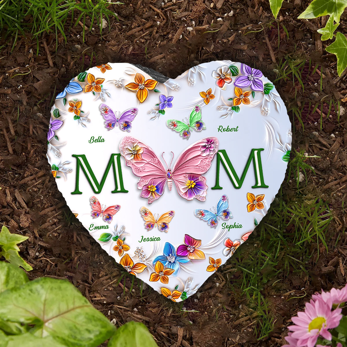 Colorful Butterflies Mom Mama - Personalized Mother Heart Shaped Stone