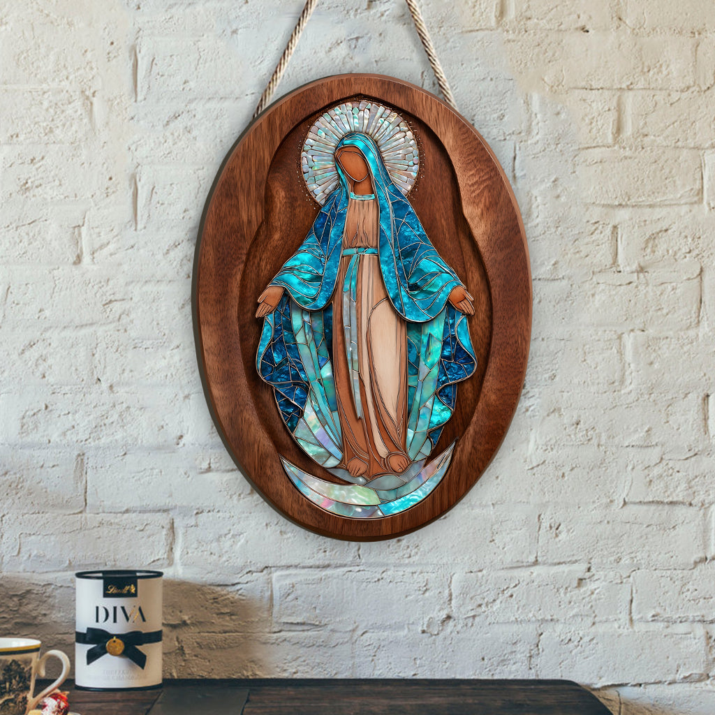 Wanddekoration im Stil der Jungfrau Maria und Perlmutt - Personalisiertes christliches Holzschild in individueller Form