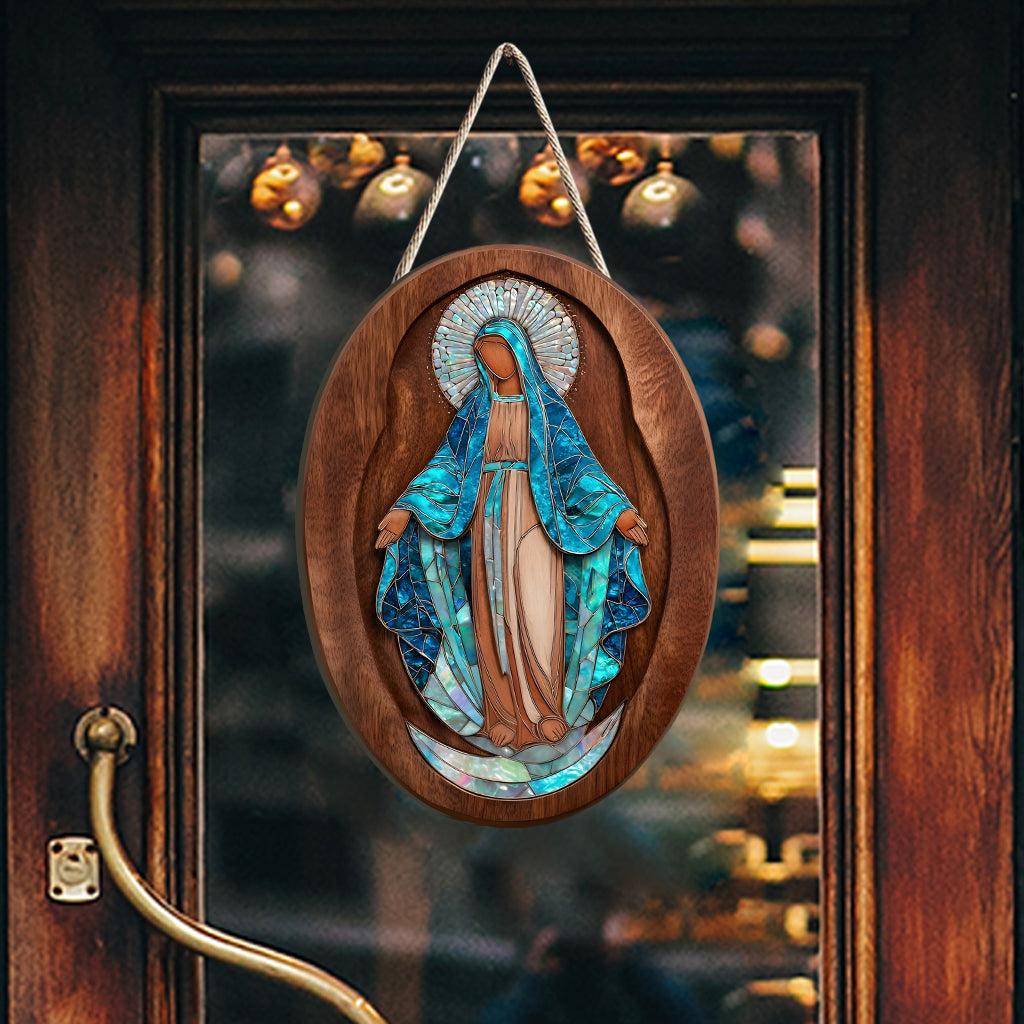 Wanddekoration im Stil der Jungfrau Maria und Perlmutt - Personalisiertes christliches Holzschild in individueller Form