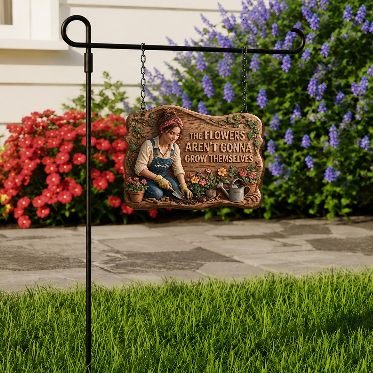 Die Blumen wachsen nicht von selbst - Personalisierte Holztafel mit Pfahl