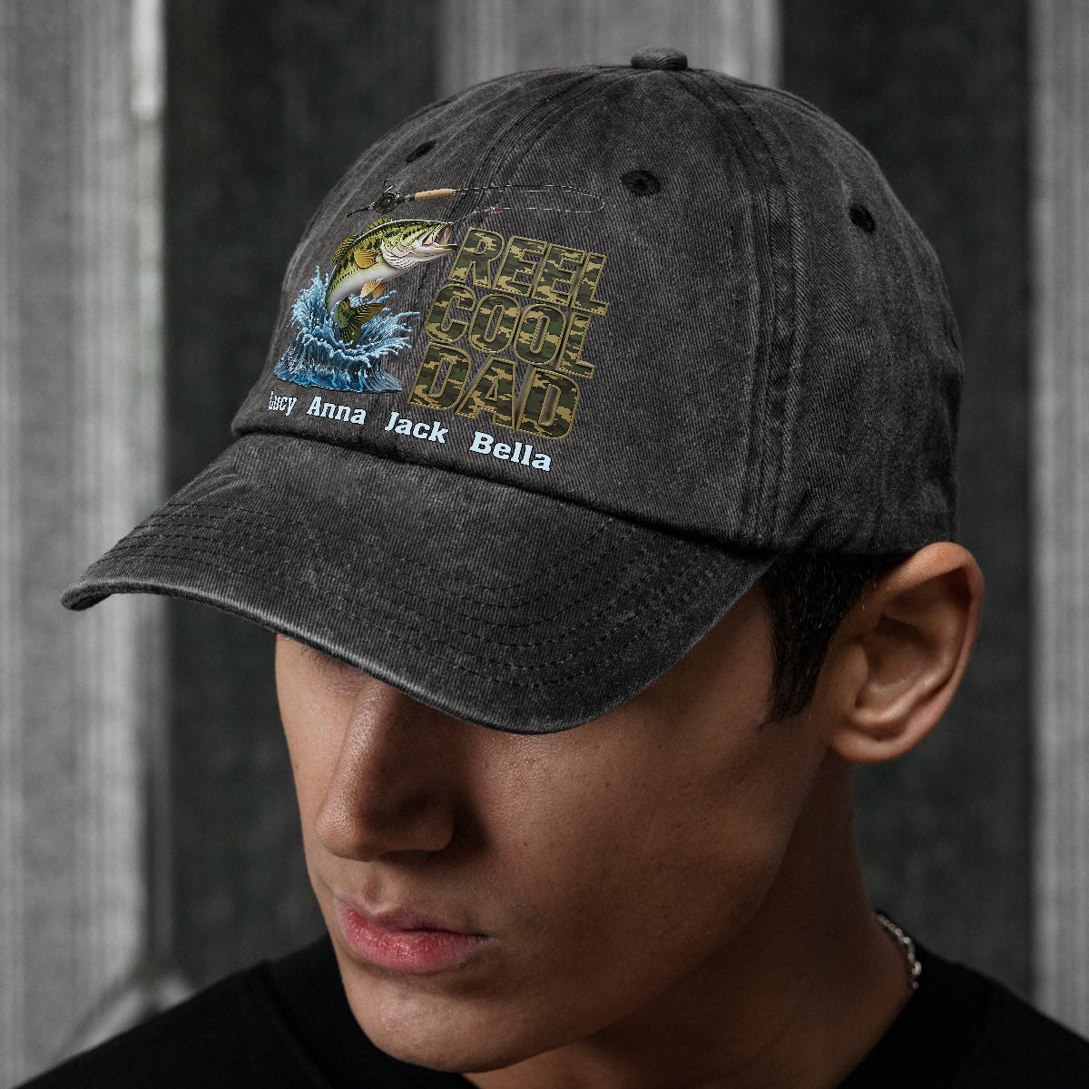 Reel Cool Dad – Personalisierte Angel-Jeanskappe aus gewaschenem Denim