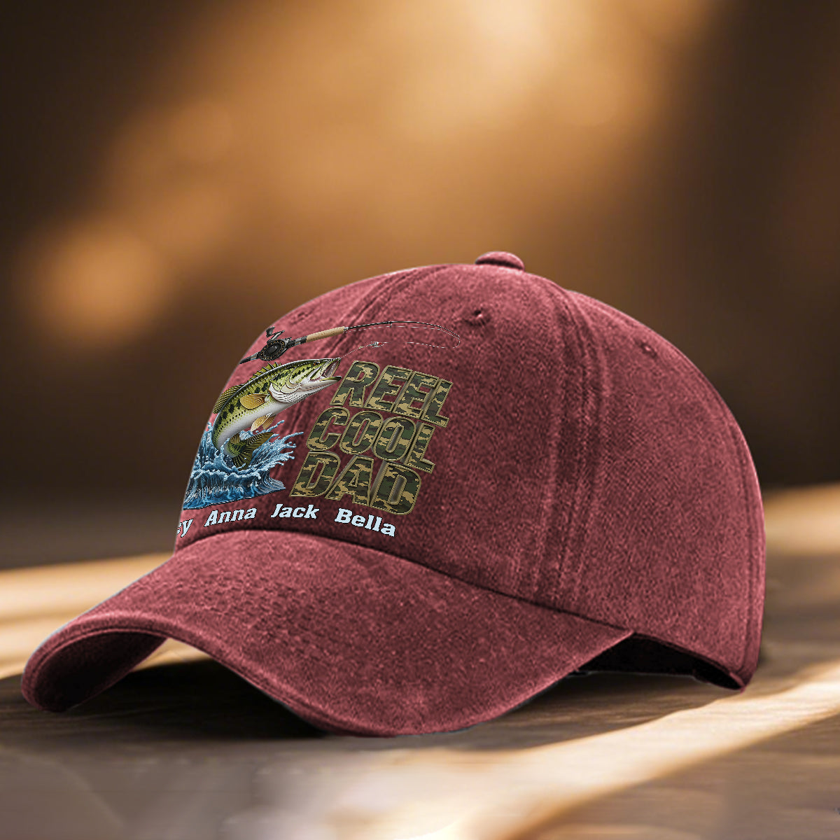 Reel Cool Dad – Personalisierte Angel-Jeanskappe aus gewaschenem Denim