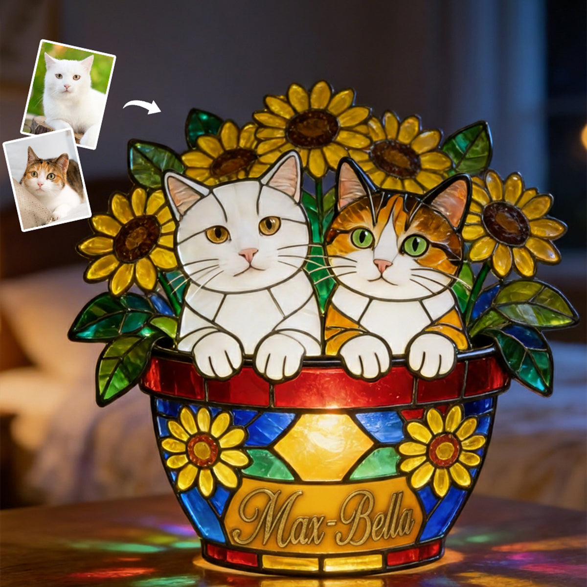 Cute Pets And Flowers - Personalized Cat Acrylic LED Night Light