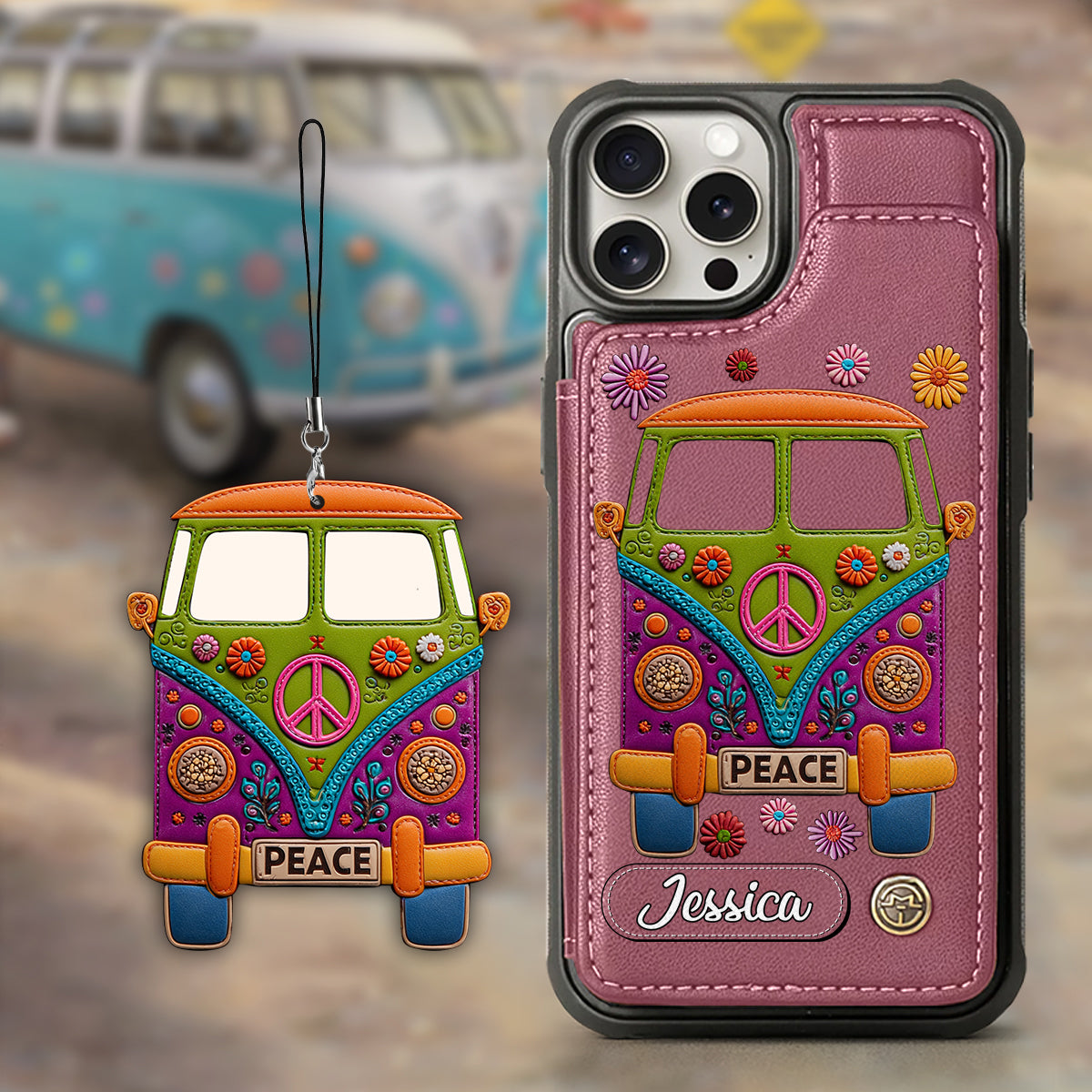 Peace Bus – Personalisierte Hippie-Handyhülle mit Lederanhänger