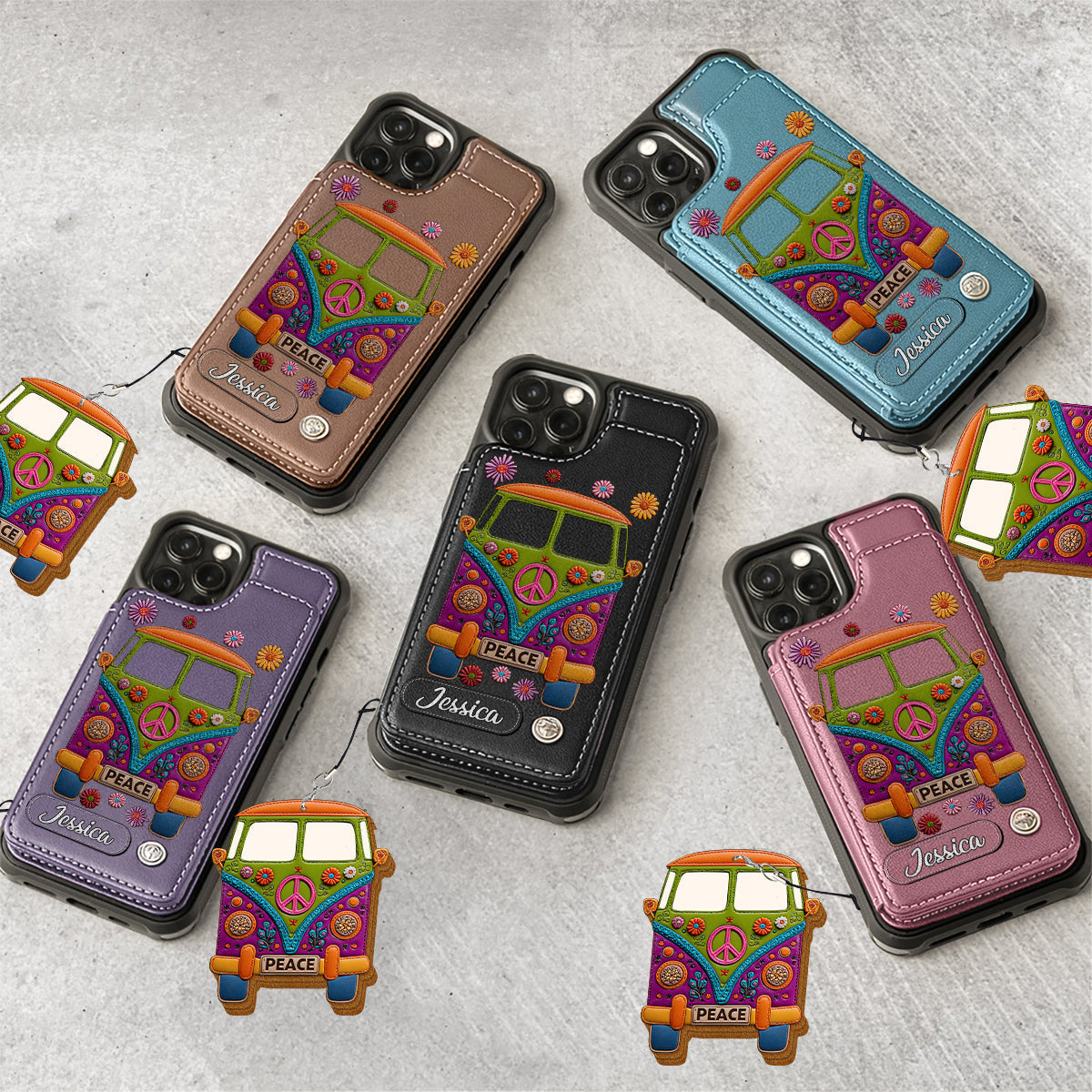Peace Bus – Personalisierte Hippie-Handyhülle mit Lederanhänger