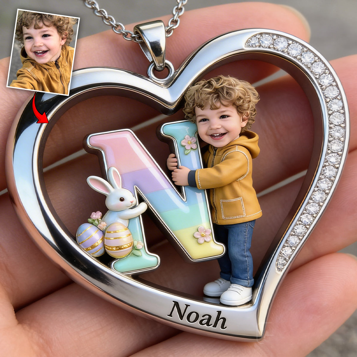 Custom Any Photo Best Easter Gift - Personalized Kid Shaped Metal Pendant Necklace