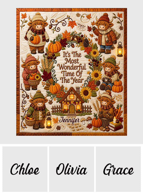 The Most Wonderful Time Of The year - Personalized Highland Cow Blanket