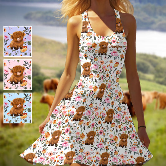 Einfach ein Mädchen, das Hochlandrinder liebt – personalisiertes ärmelloses Kleid mit Hochlandrindmotiv
