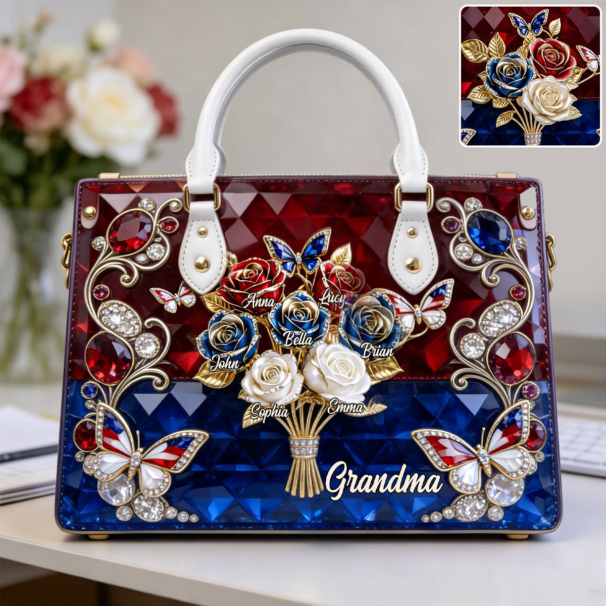 Grandma/Mom's Beautiful Rose Bouquet - Personalized Grandma Leather Handbag