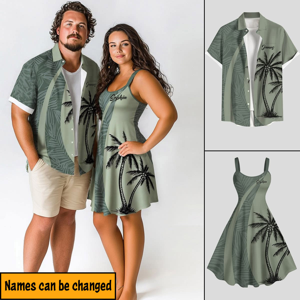 Partnerlook-Outfit mit tropischem Kokosnussblatt-Print für den Hawaii-Strand – personalisiertes Hawaiihemd und ärmelloses Kleid