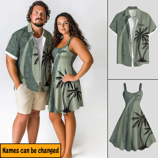 Partnerlook-Outfit mit tropischem Kokosnussblatt-Print für den Hawaii-Strand – personalisiertes Hawaiihemd und ärmelloses Kleid