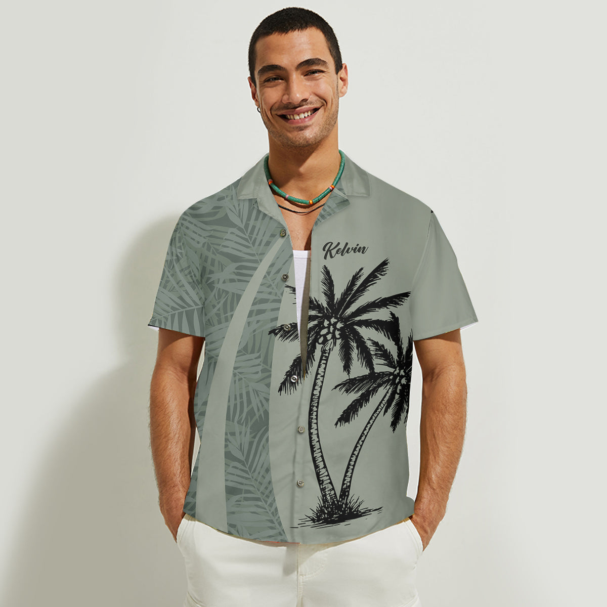 Partnerlook-Outfit mit tropischem Kokosnussblatt-Print für den Hawaii-Strand – personalisiertes Hawaiihemd und ärmelloses Kleid
