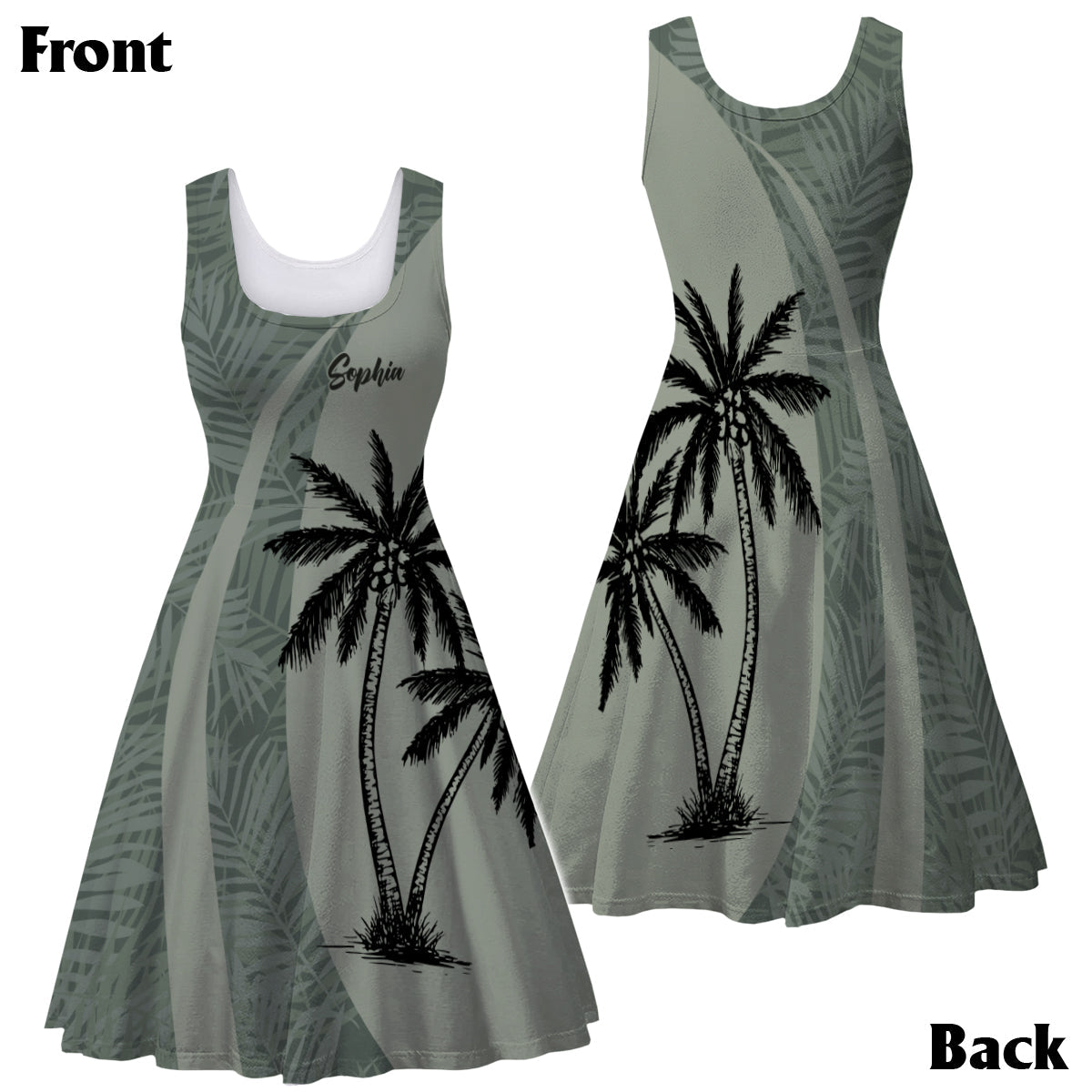 Partnerlook-Outfit mit tropischem Kokosnussblatt-Print für den Hawaii-Strand – personalisiertes Hawaiihemd und ärmelloses Kleid