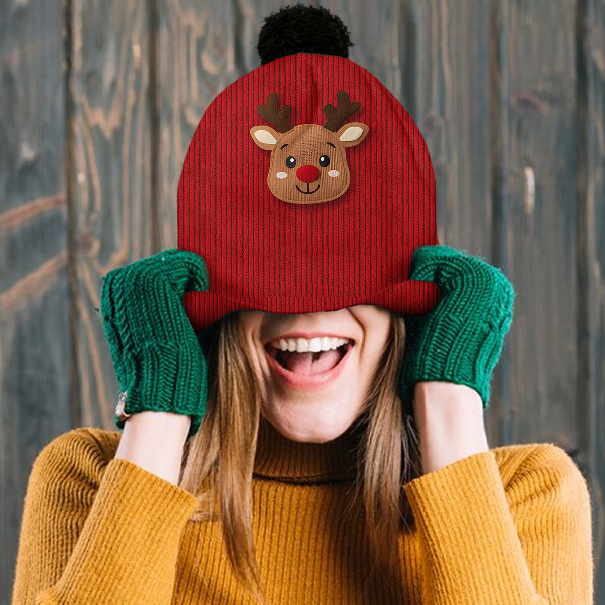 Niedliches Rentier-Motiv – Personalisierte Strickmütze und Schal für Kinder (Set)