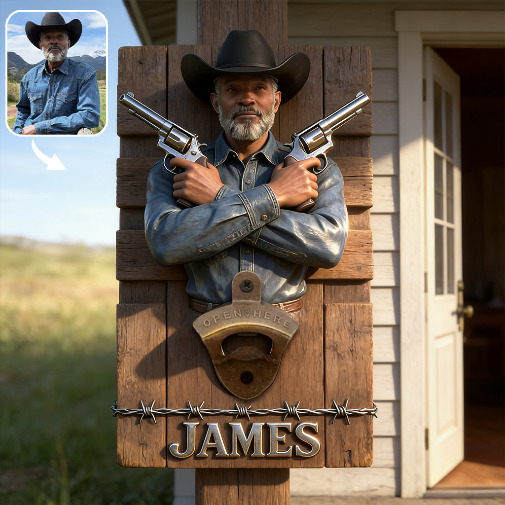 Personalisierter Wand-Flaschenöffner mit Foto - Western Outfit