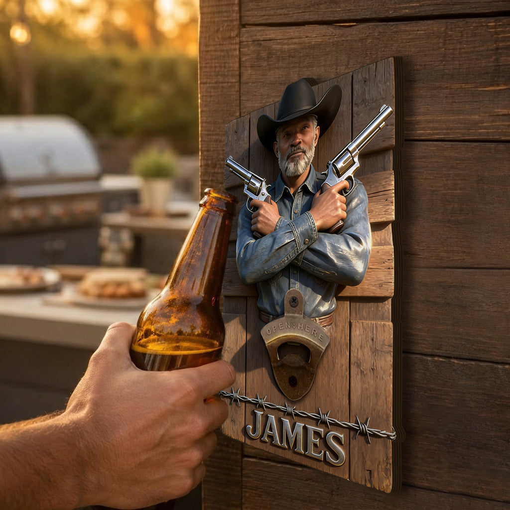 Personalisierter Wand-Flaschenöffner mit Foto - Western Outfit