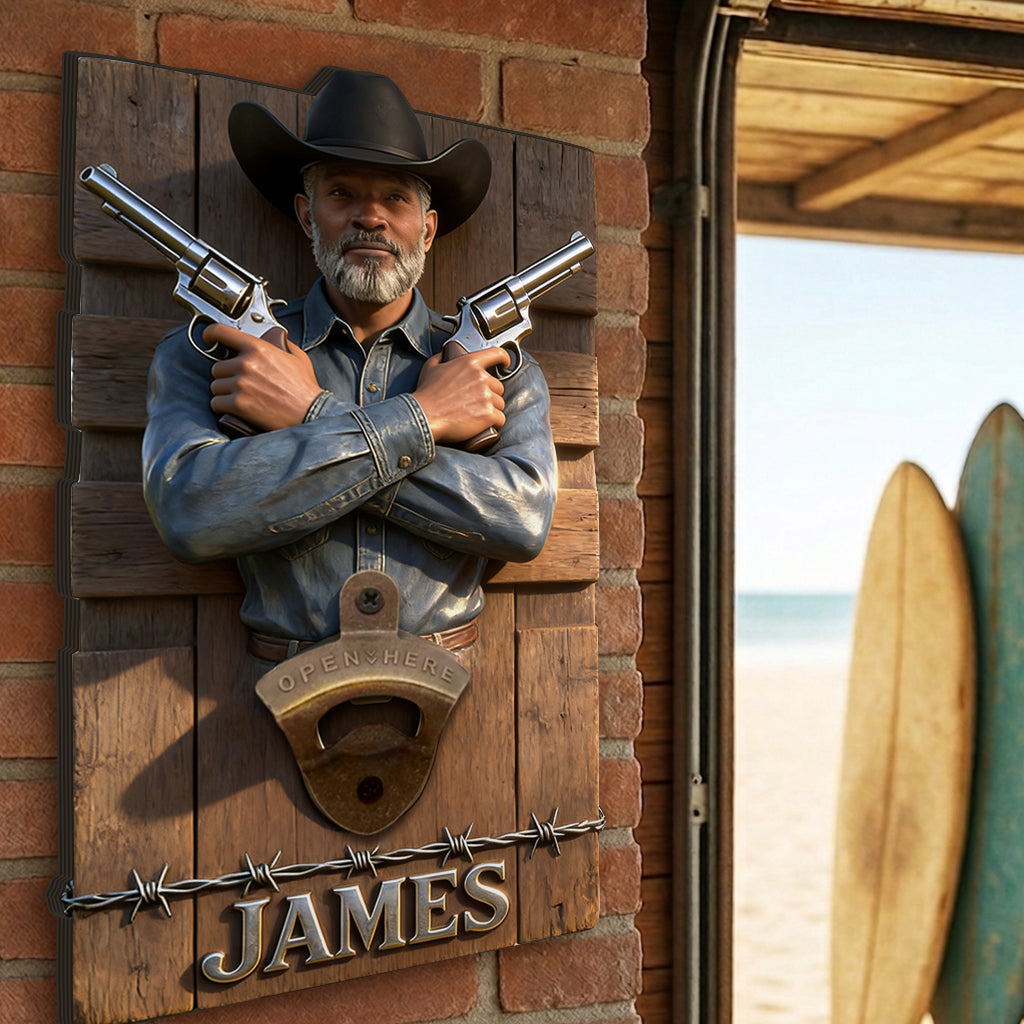 Personalisierter Wand-Flaschenöffner mit Foto - Western Outfit