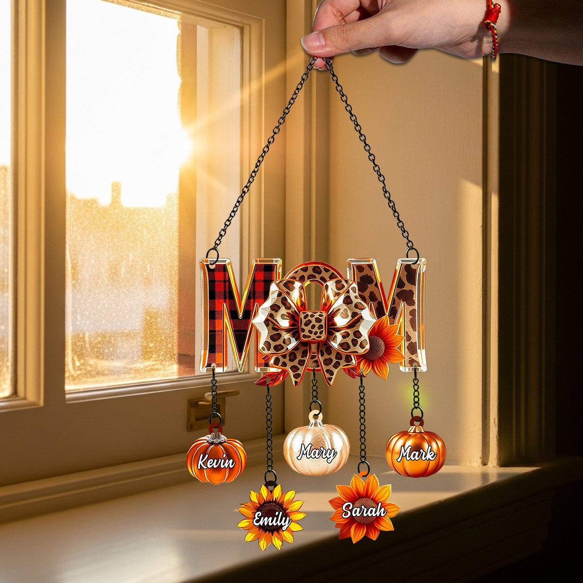 Fall Mama - Personalized Autumn Window Hanging Suncatcher With Custom Charms
