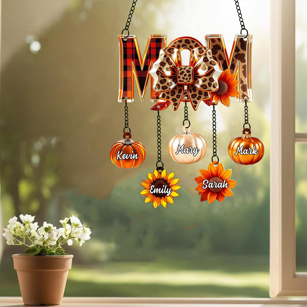 Fall Mama - Personalized Autumn Window Hanging Suncatcher With Custom Charms