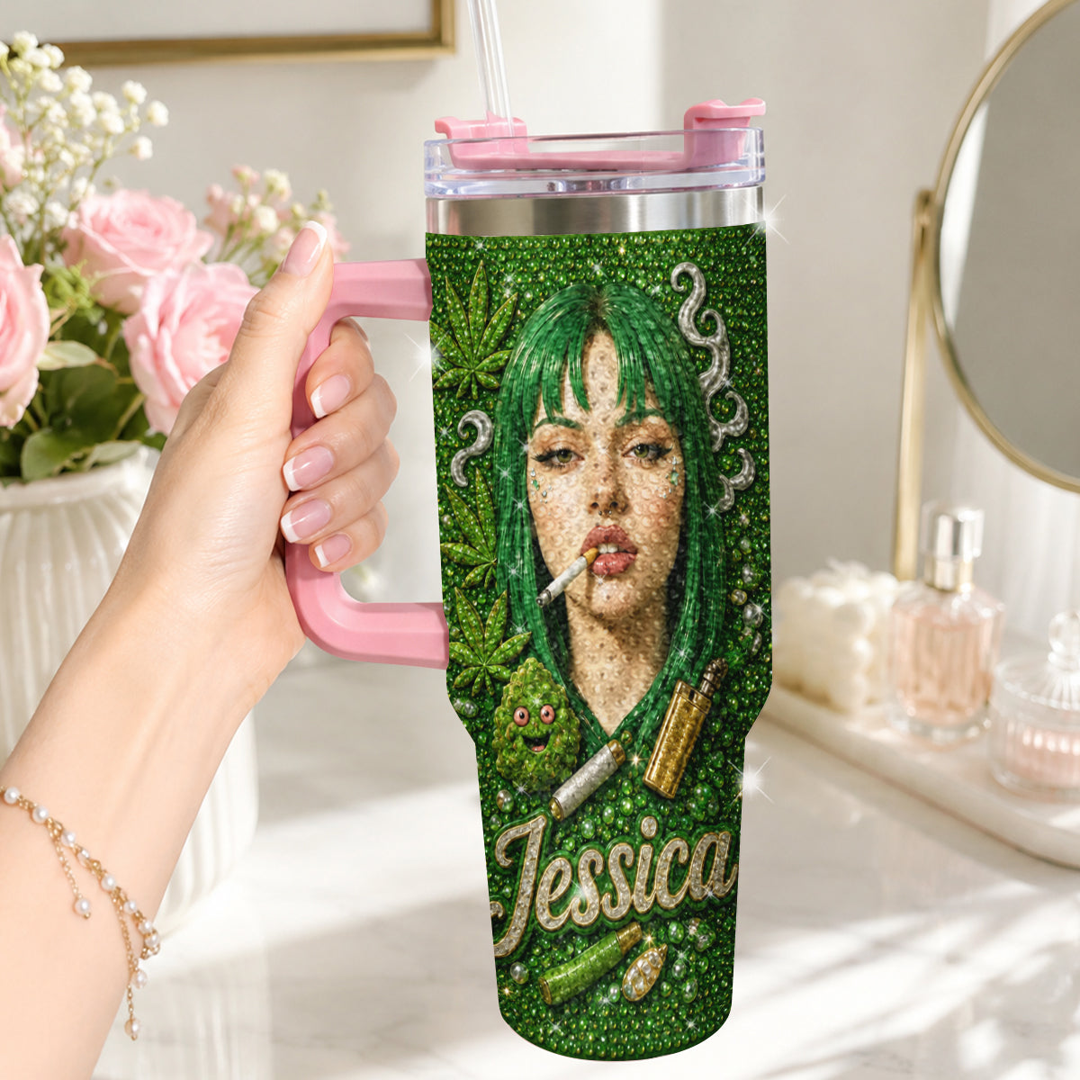 Stoner Geschenk - Personalisierter Weed Rhinestone Becher mit Griff