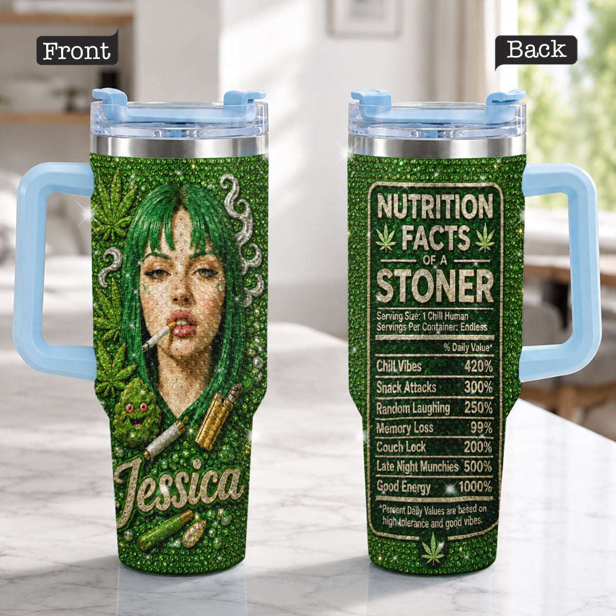 Stoner Geschenk - Personalisierter Weed Rhinestone Becher mit Griff