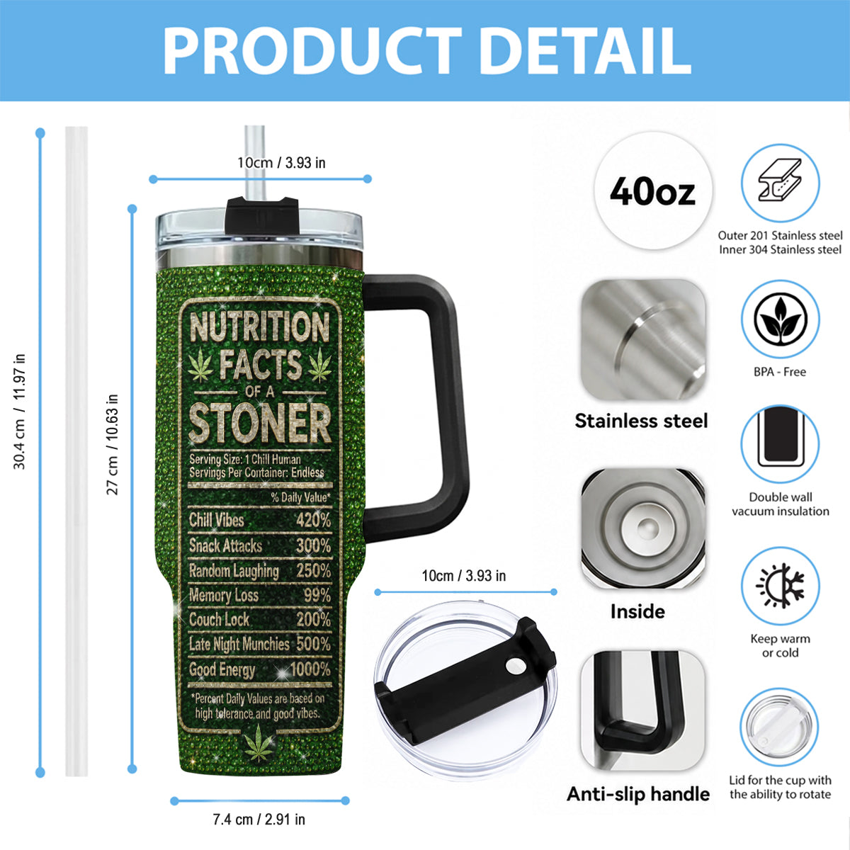 Stoner Geschenk - Personalisierter Weed Rhinestone Becher mit Griff