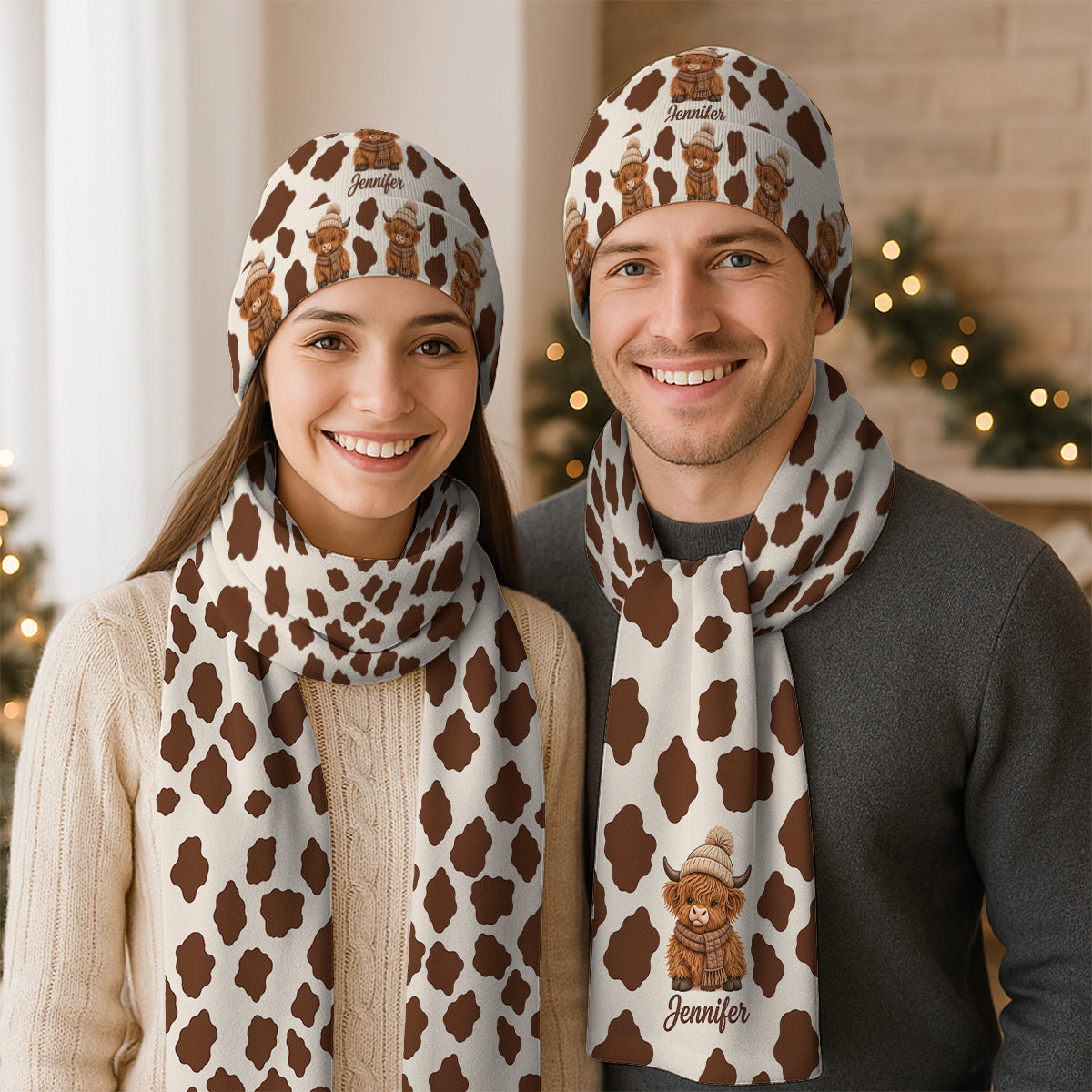 Love Highland Cow - Personalized Highland Cow Knitted Beanie Hat and Scarf Set
