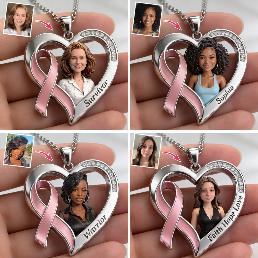 Custom Any Photo, Breast Cancer Awareness - Personalized Breast Cancer Awareness Shaped Metal Pendant Necklace