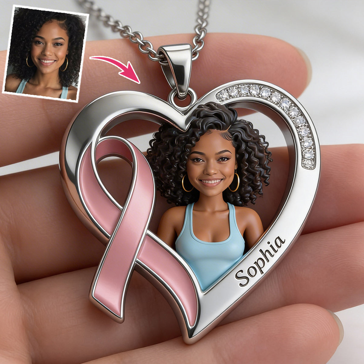 Custom Any Photo, Breast Cancer Awareness - Personalized Breast Cancer Awareness Shaped Metal Pendant Necklace