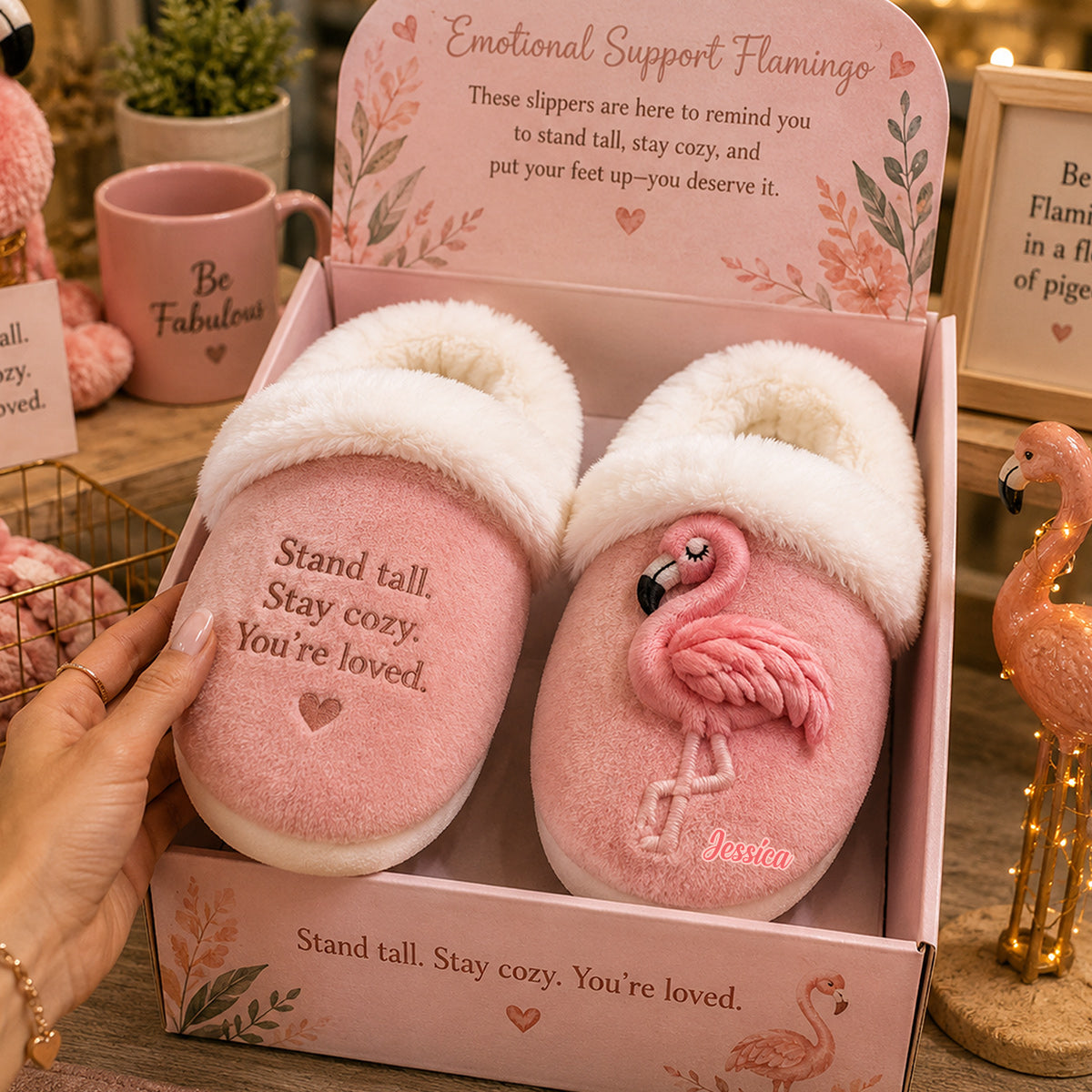 Emotional Support Flamingo - Personalisierte Flamingo Hausschuhe mit Futter